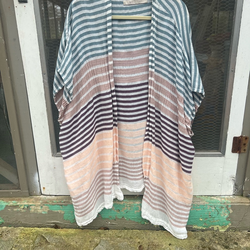 LOFT Striped Open-Front Kimono Cardigan in Teal, White, Blush